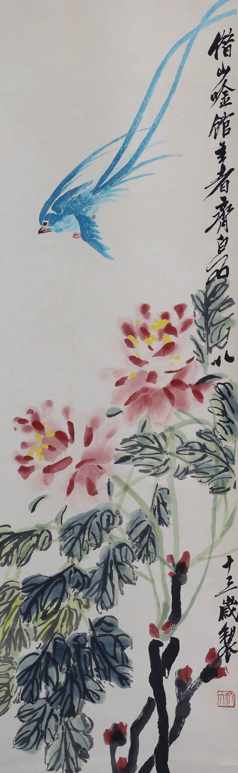 After Qi Baishi (1863-1957), Ribbon peonies, scroll picture , published by Tianjin Arts & Crafts Export Company, 1959, image 104cm x 33cm